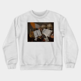 A Vanitas Still Life with a Flag, Candlestick, Musical Instruments, Books, Writing Paraphernalia, Globes and Hourglass by Edwaert Collier Crewneck Sweatshirt